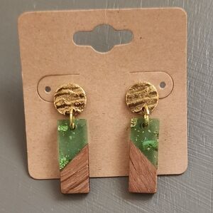 Mixed Media Wood Green Gold Earrings